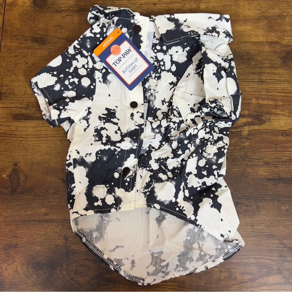 Top Paw Dog Clothing Size Medium Button Up Shirt “Black Bleach” Tie Dye
